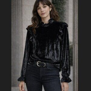 Opening Ceremony Womens S Black Velvet Ruffle‎ Blouse Romantic Goth Luxe Chic